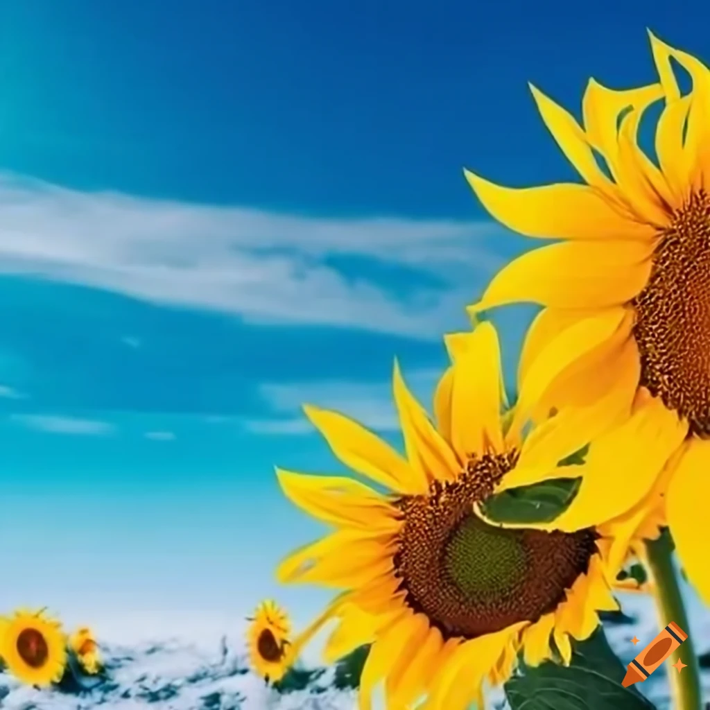 Sunflowers covered in snow under a sunny sky on Craiyon
