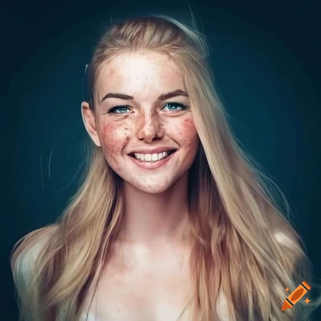 Portrait of a beautiful young woman with freckles and blonde hair on ...