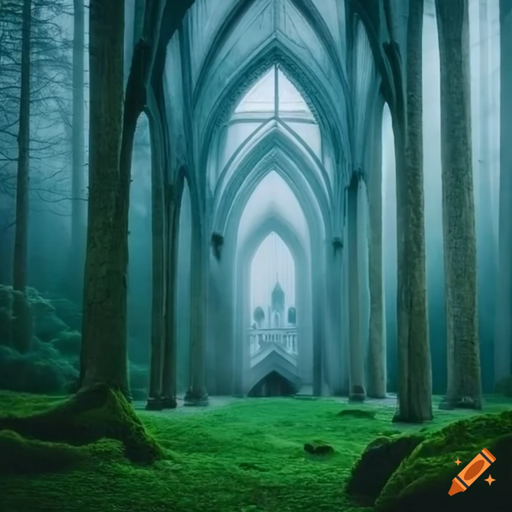 Mystical cathedral in a foggy forest