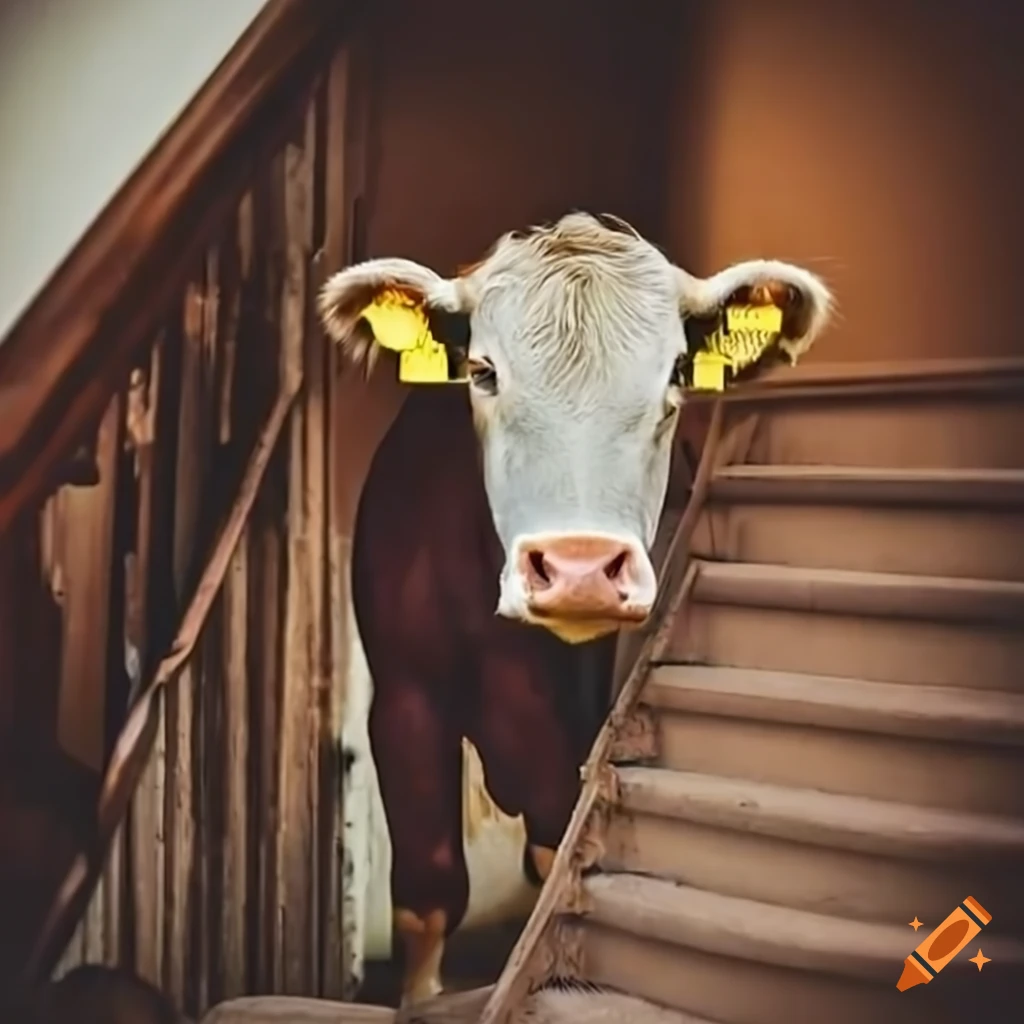 Image of a cow walking up the stairs