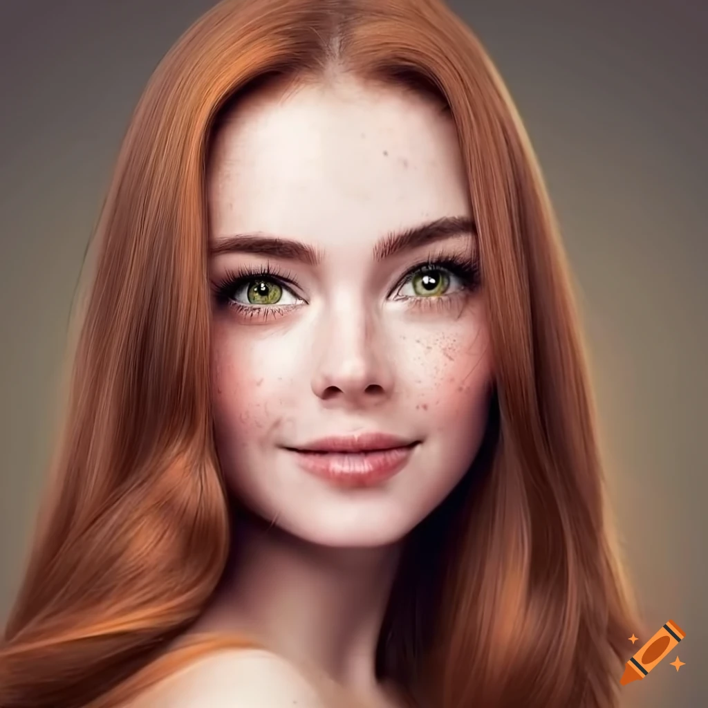 Portrait of a young woman with freckles and chestnut hair on Craiyon