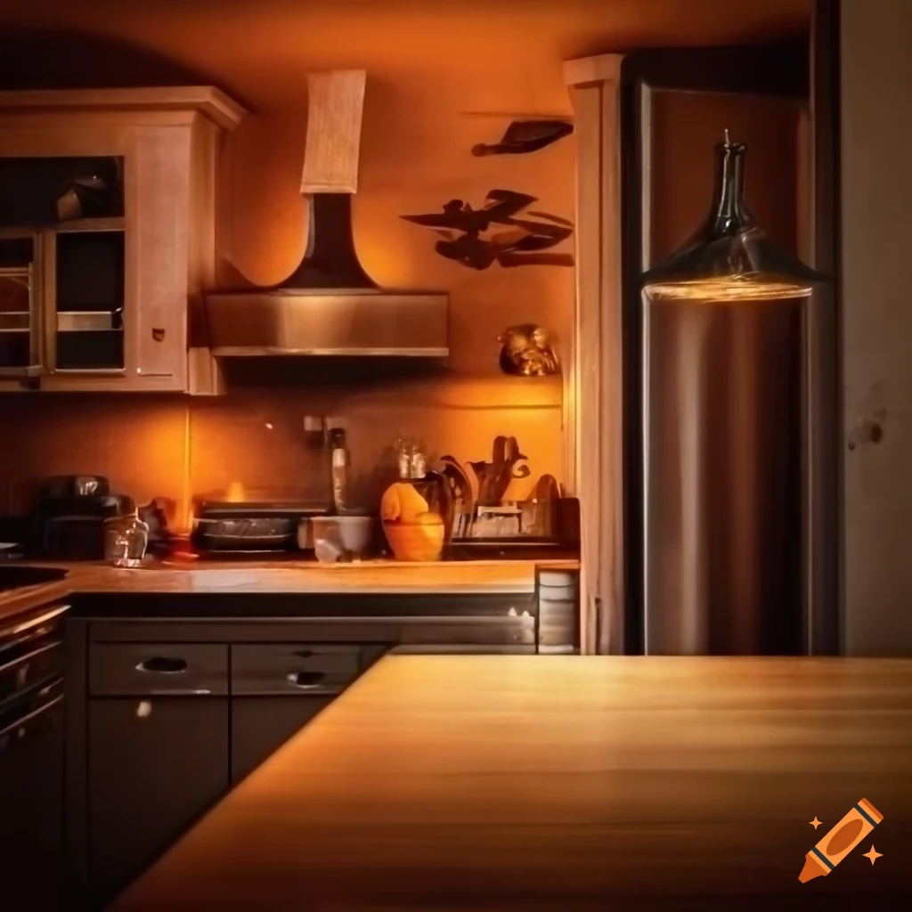 Kitchen interior with orange radio, autumn decor on Craiyon