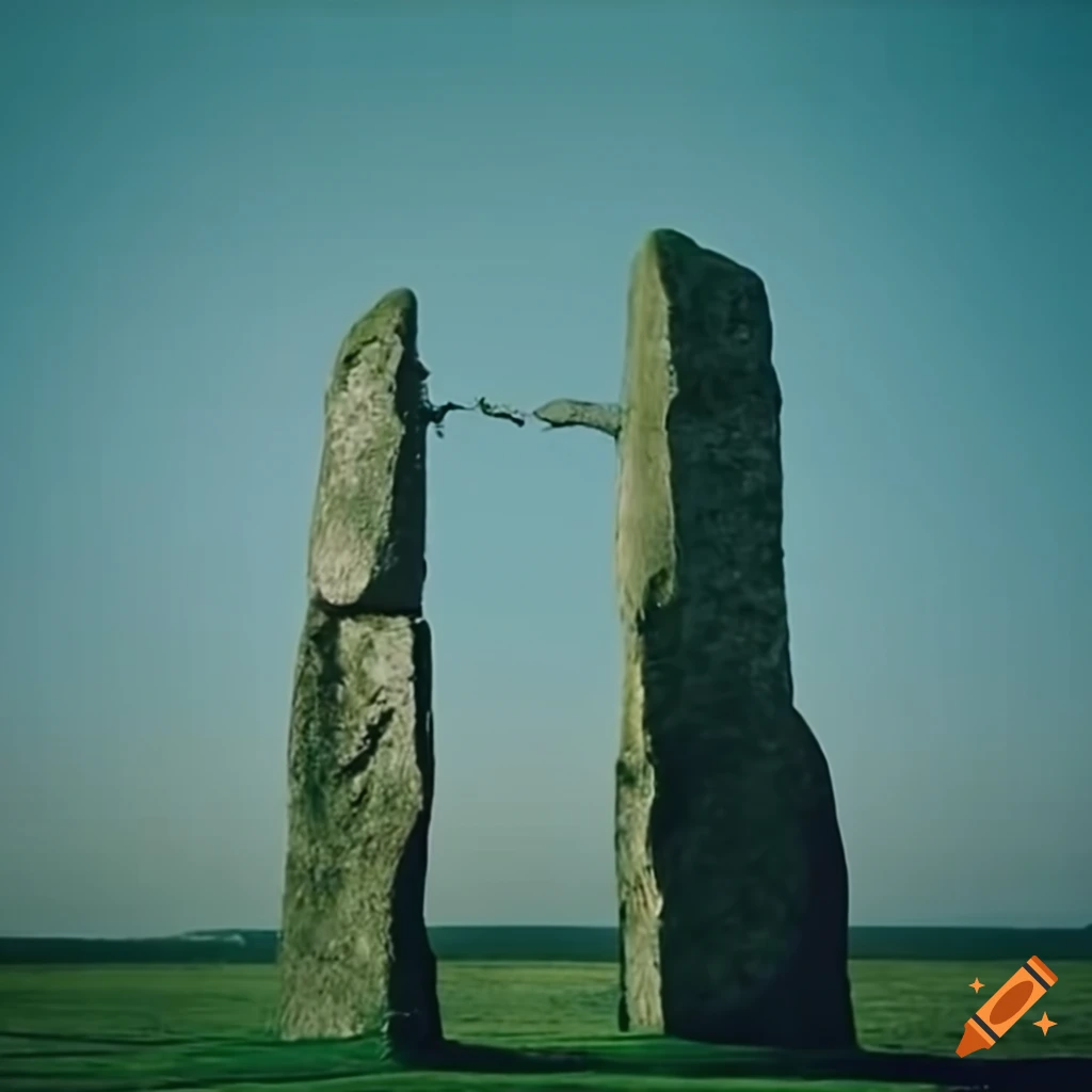 cinematic shot of a bearded druid with face tattoos in front of standing stones