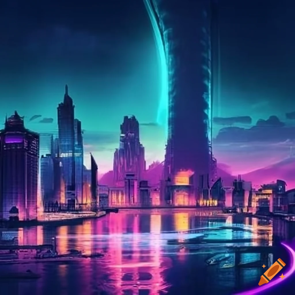 Futuristic city skyline with neon lights