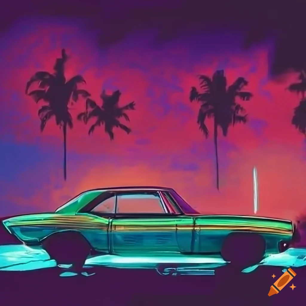 vintage Camaro parked on Miami shoreline at night
