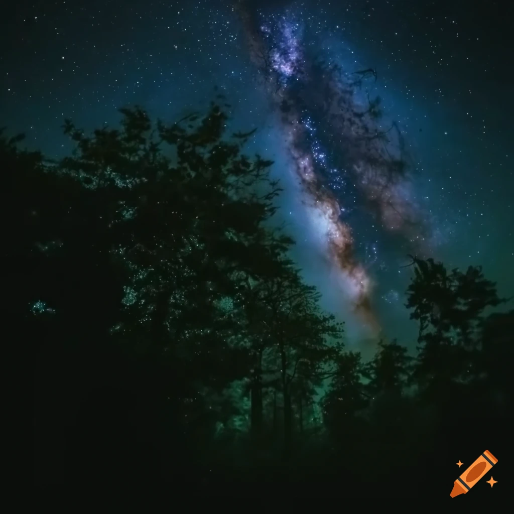 dark forest with a starry night sky