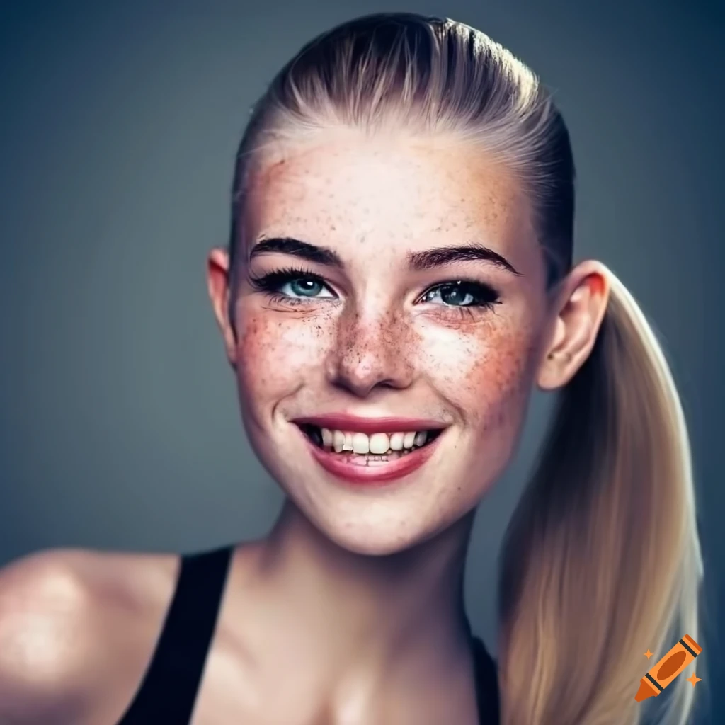 Portrait of a young woman with freckles and blonde hair on Craiyon