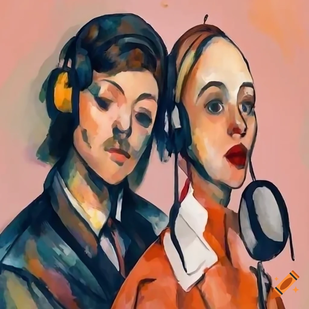 artistic depiction of a stylish couple podcasting