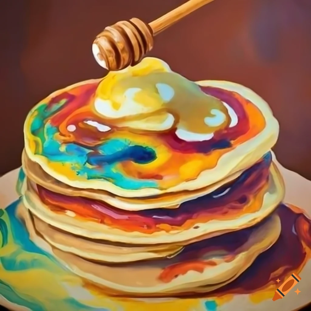 colorful oil-painted pancakes with honey