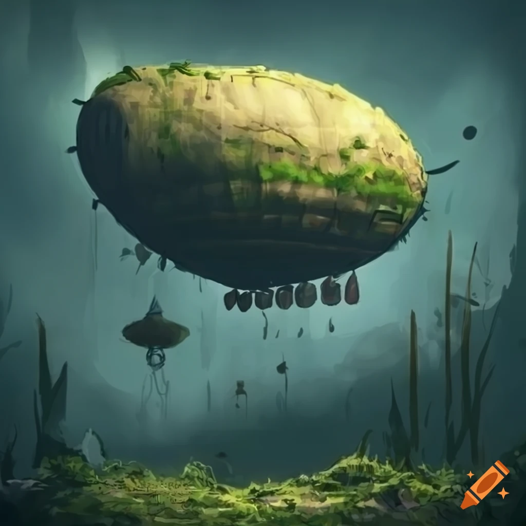 moss-covered airship floating in the sky