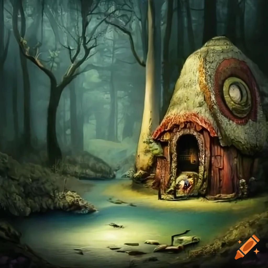Surrealist image of a candy house in an enchanted forest