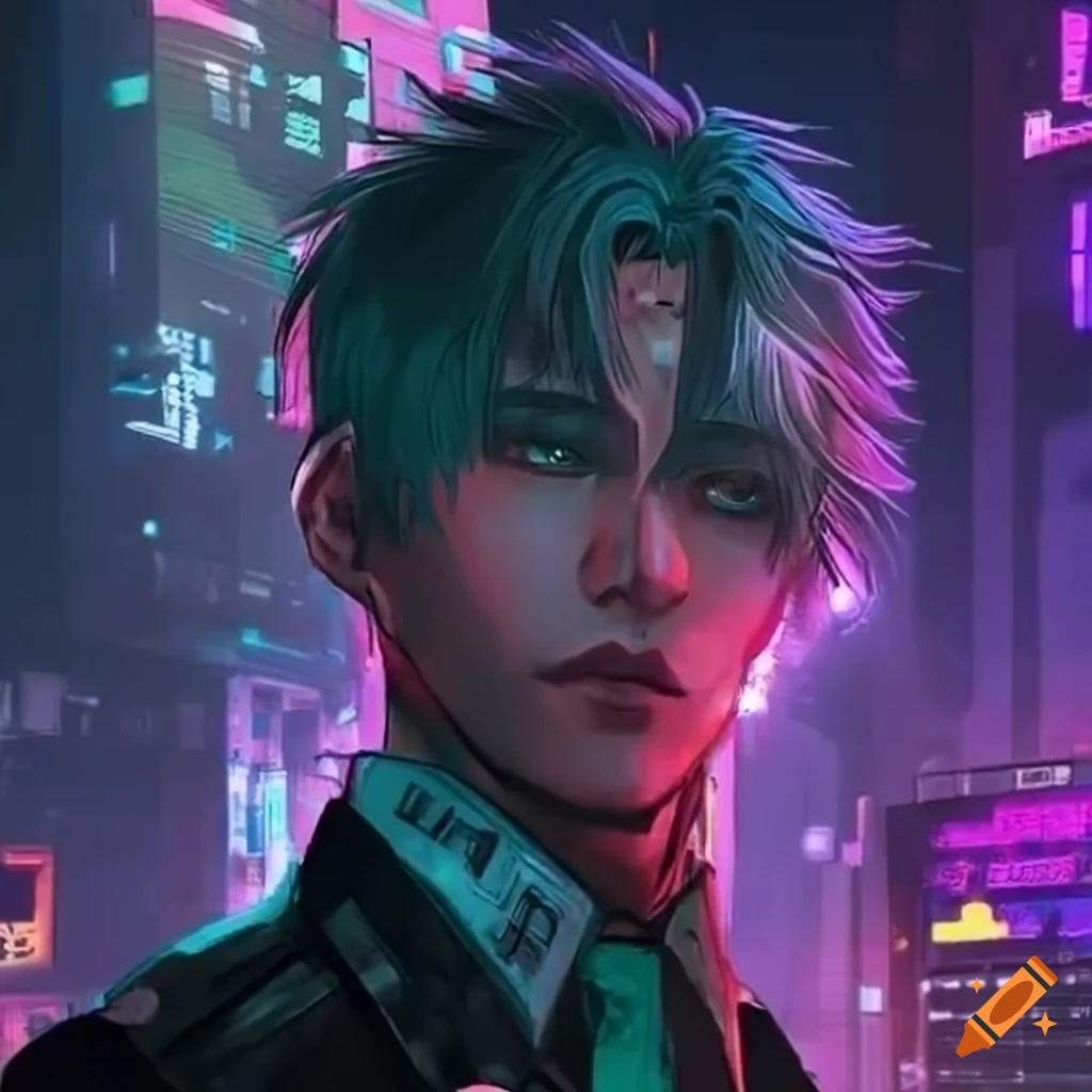 cyberpunk character named Kai Hiroshi with high-tech enhancements