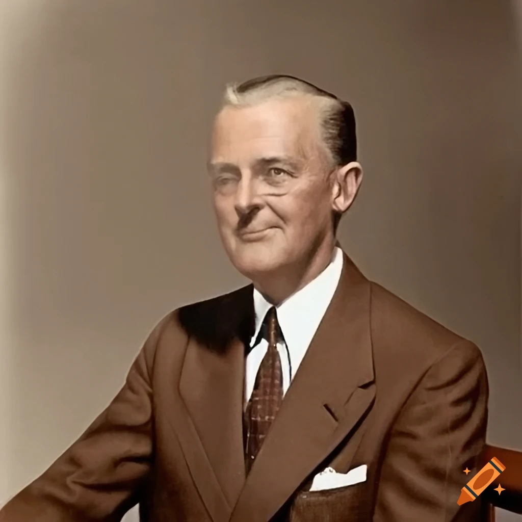 colorized vintage photo of a mature executive in brown suit