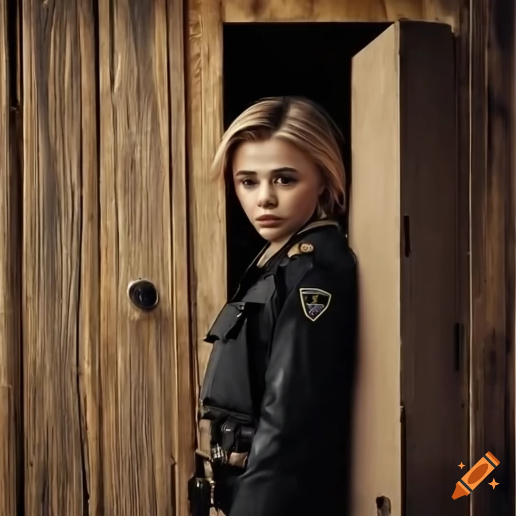 closeup of a country policewoman looking through a barn