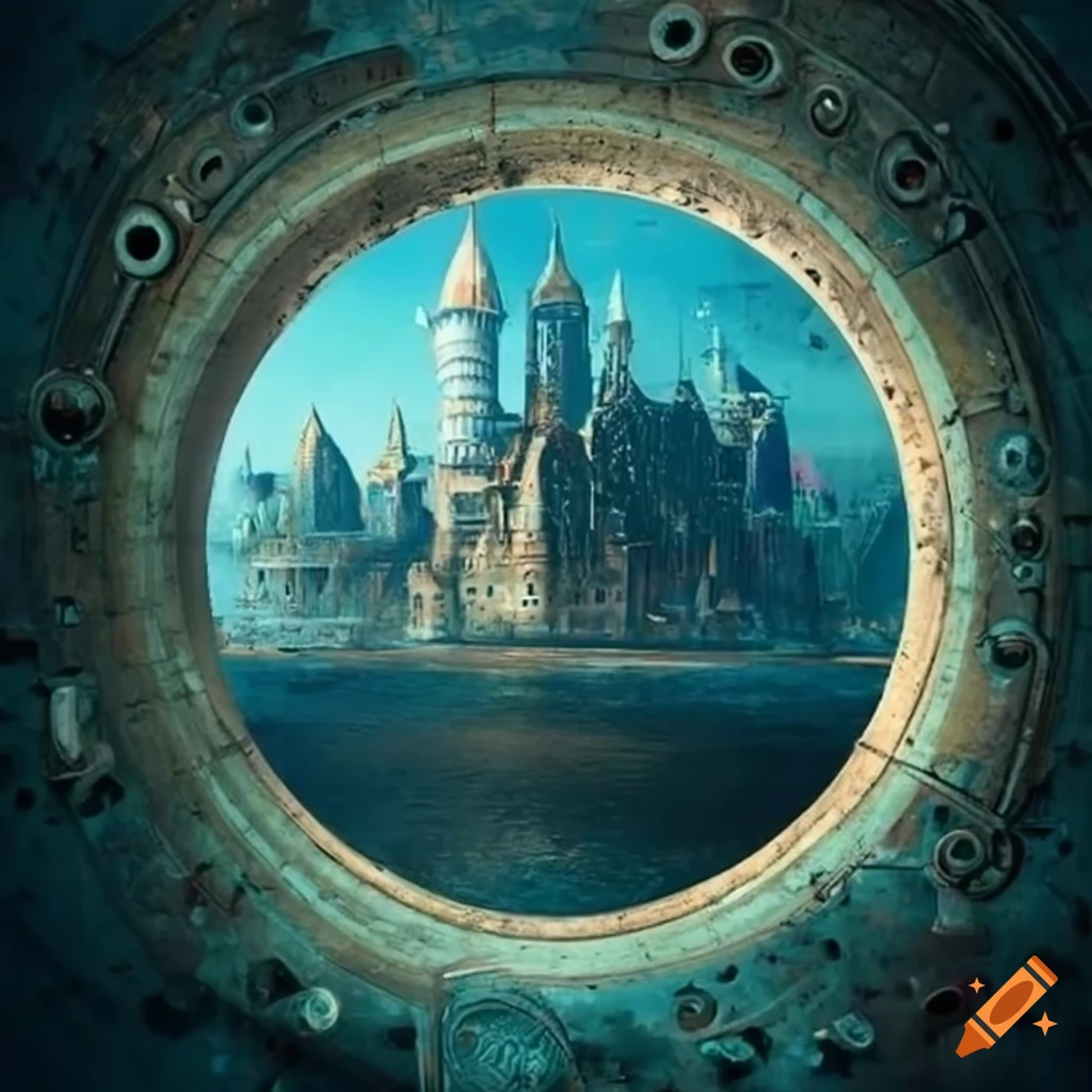 Steampunk city in the ocean with circular wall