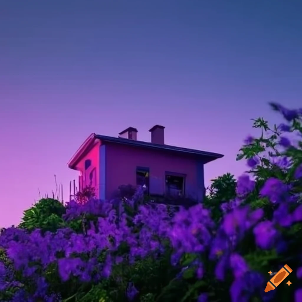 villa surrounded by purple flowers under a purple sky