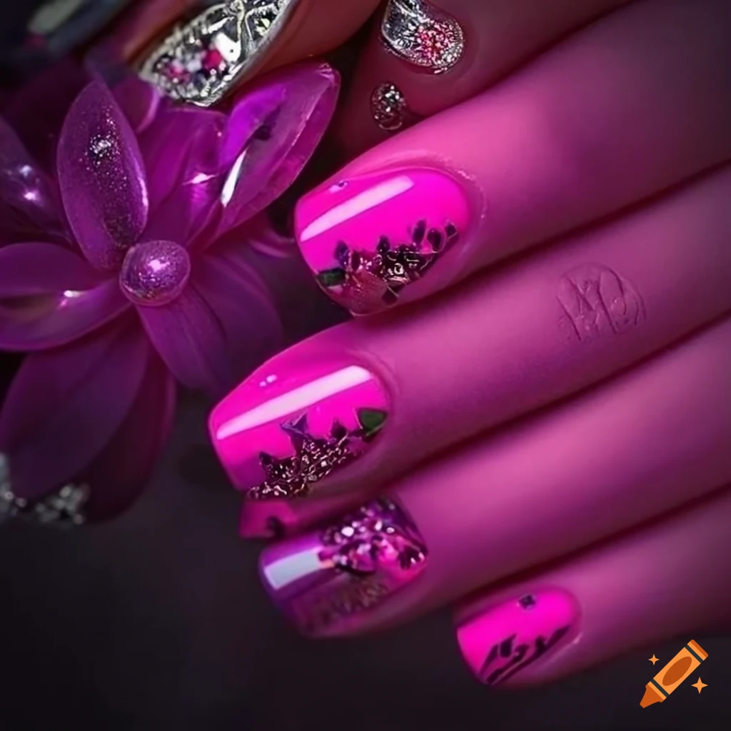 30 Light up Your Nails with Electric Energy for Summer : Neon Pink & Orange  Nails with Floral