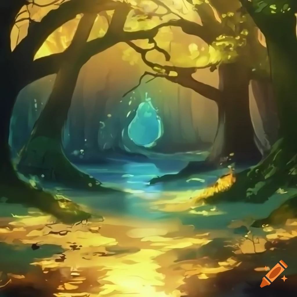 Anime style painting of a golden hour oak forest with a crystal clear ...