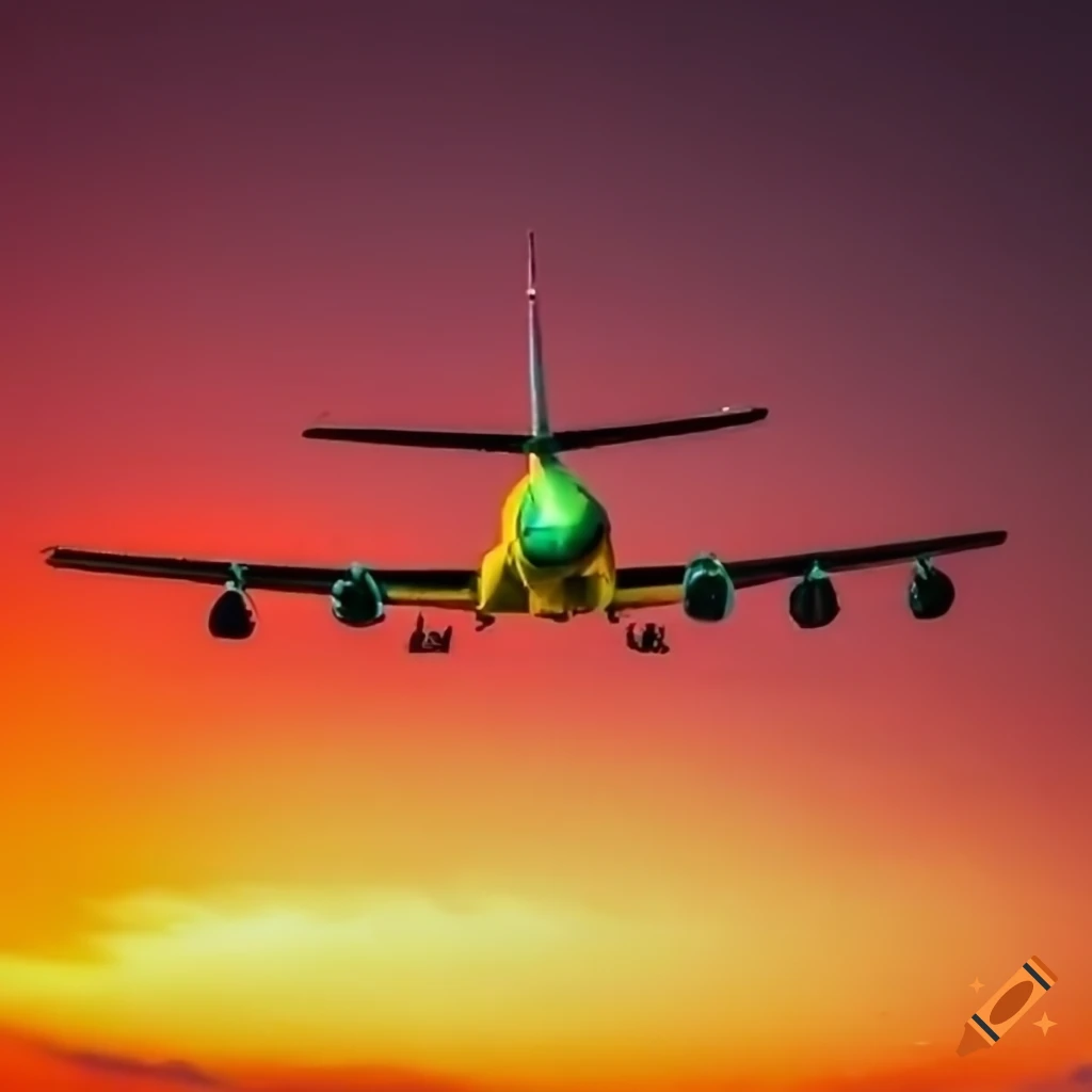 Colorful sky with an airplane and a bird