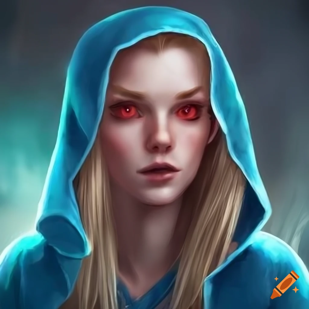 Portrait of a young female elf with red eyes and long blonde hair on ...