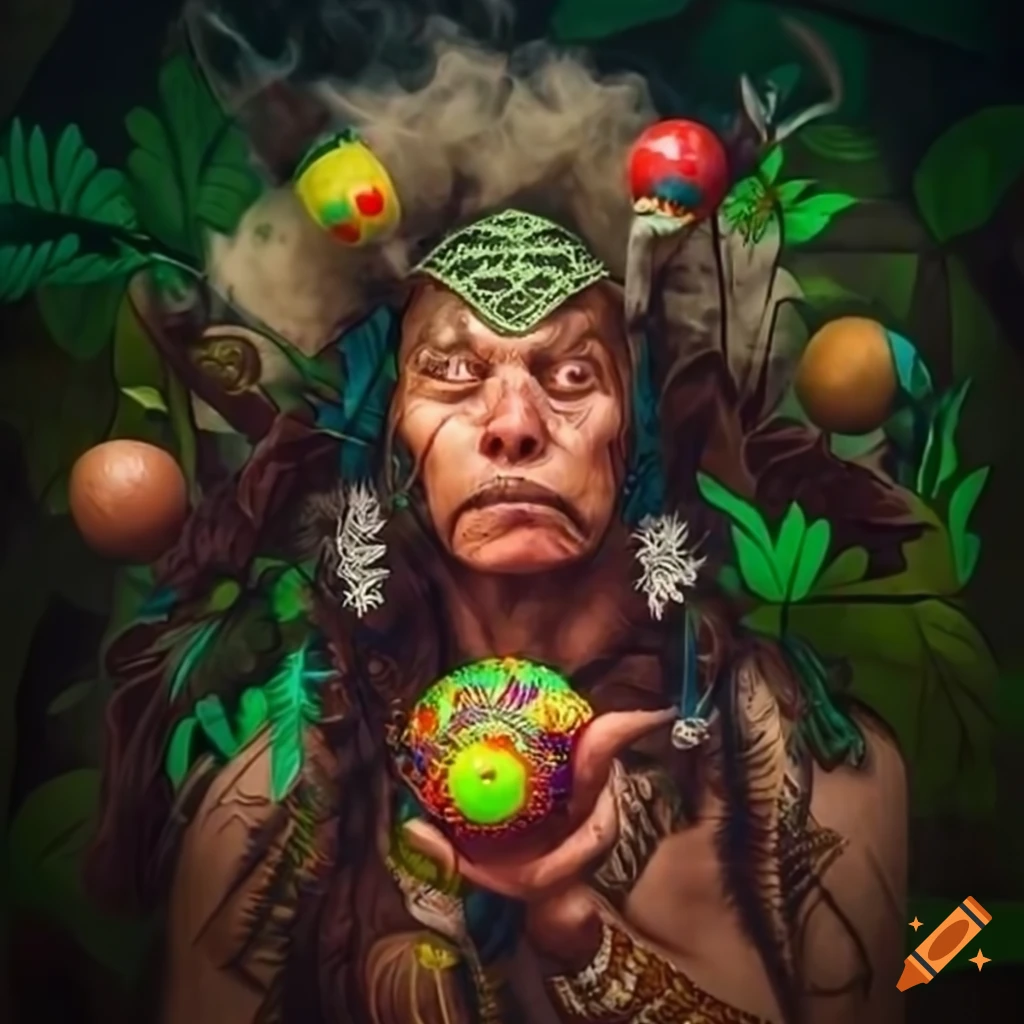 shaman with maracas surrounded by smoke and foliage