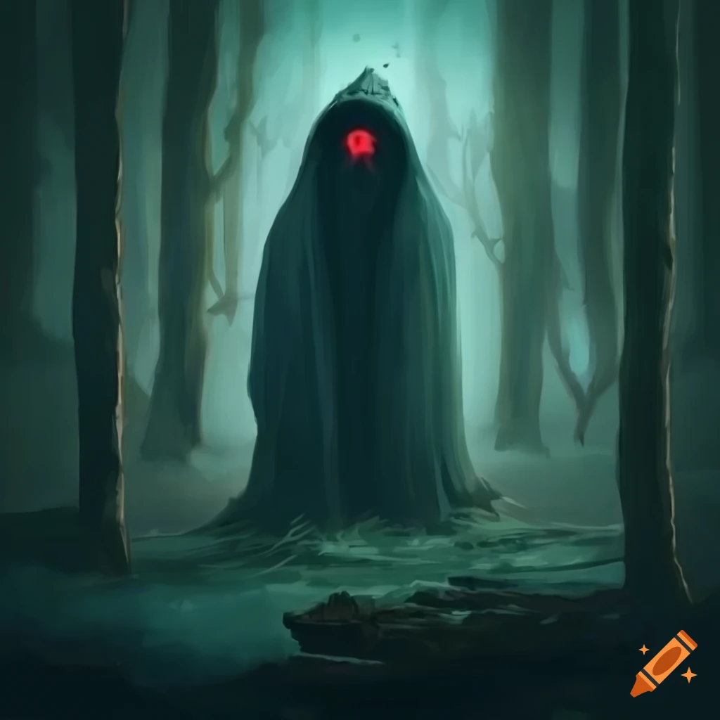 Art depiction of a mysterious robed figure with a glowing red eye on