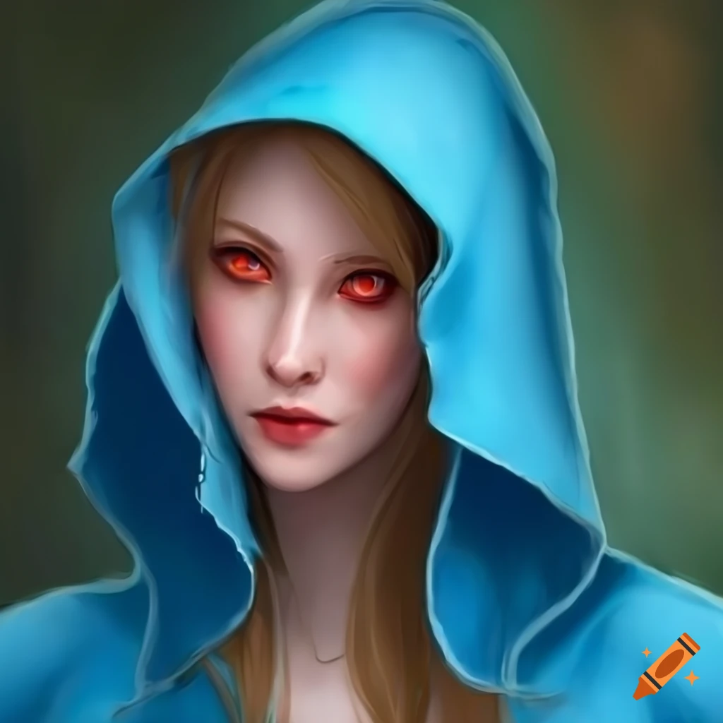 portrait of a female elf with red eyes and blonde hair