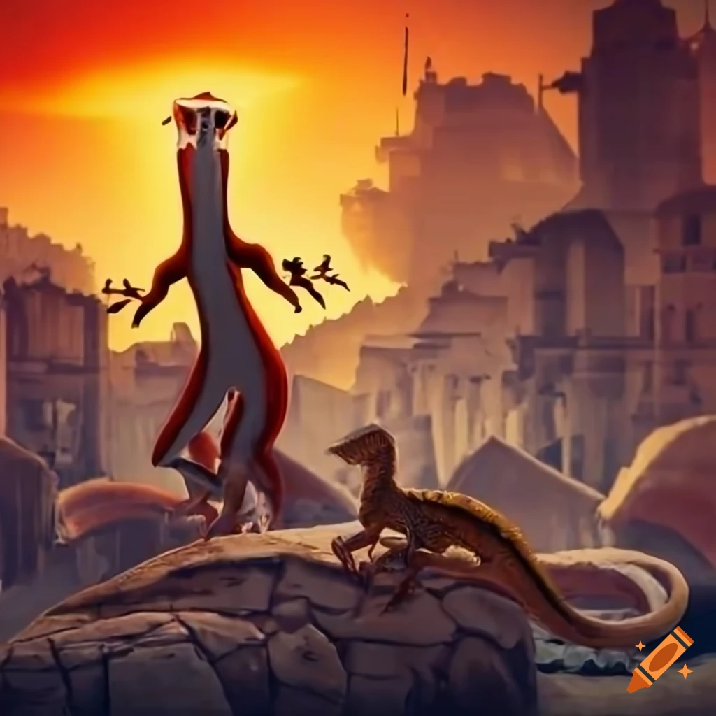 illustration of a lizard knight leading adventurers in a port city