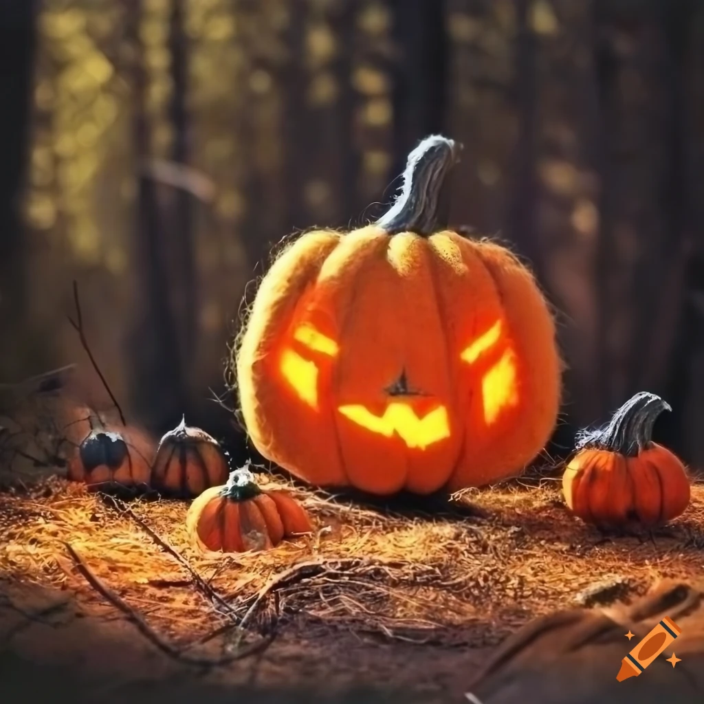 needle felted pumpkins in a spooky pine forest