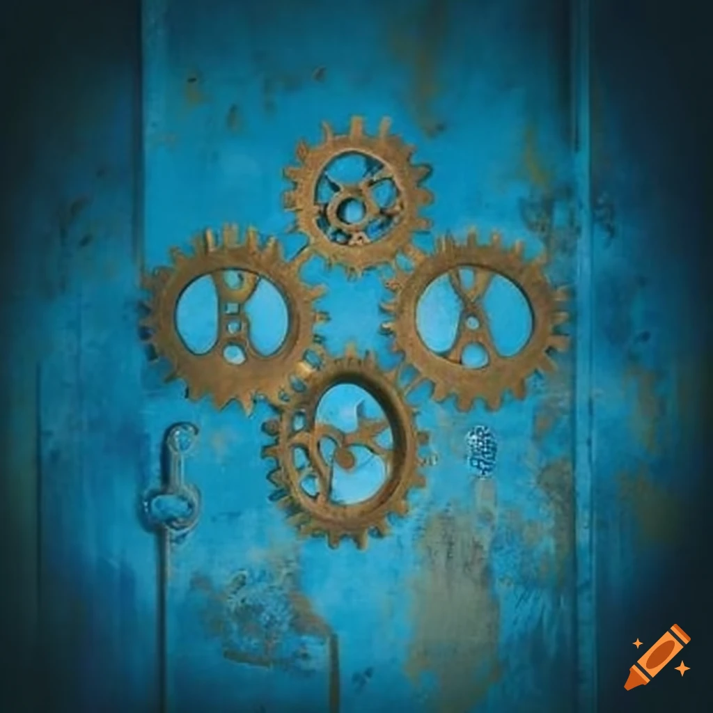 brass clockwork gears forming an atomic symbol on metallic plaque