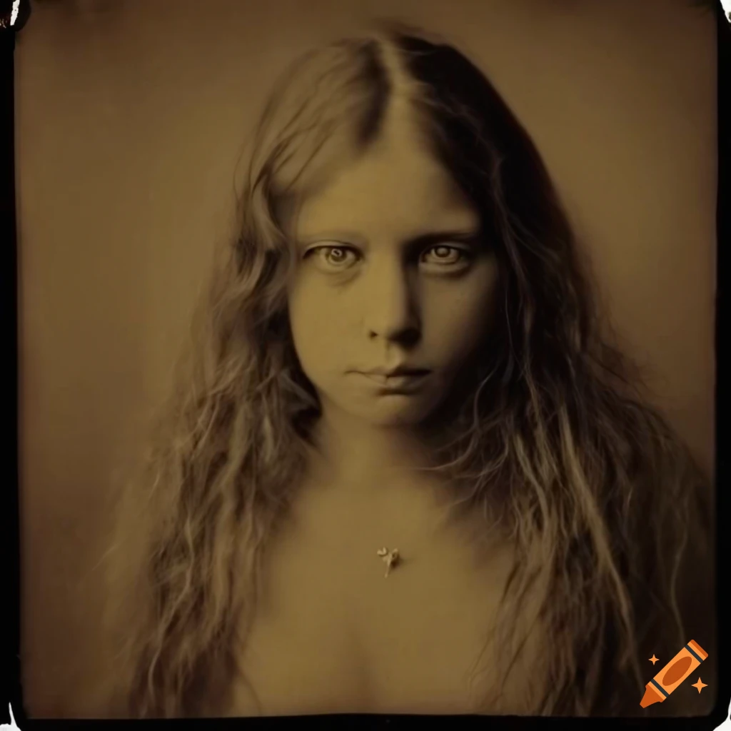 sepia tintype portrait of a young woman in rags in a forest