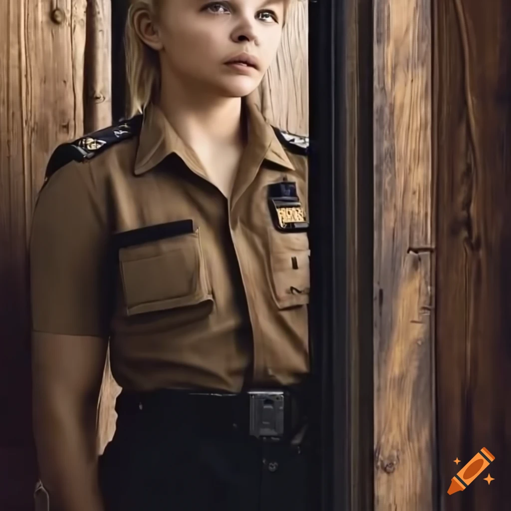 closeup of a country policewoman looking through a barn