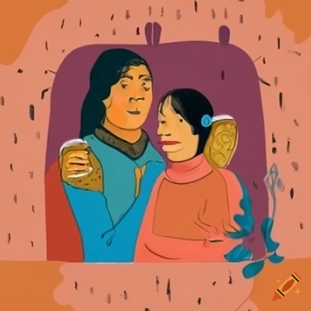 Gauguin-inspired artwork of a couple podcasting
