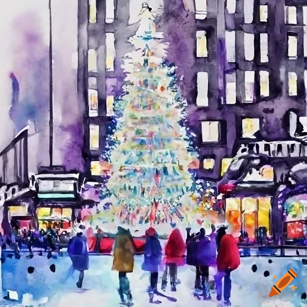 colorful Christmas scene at Rockefeller with people ice skating