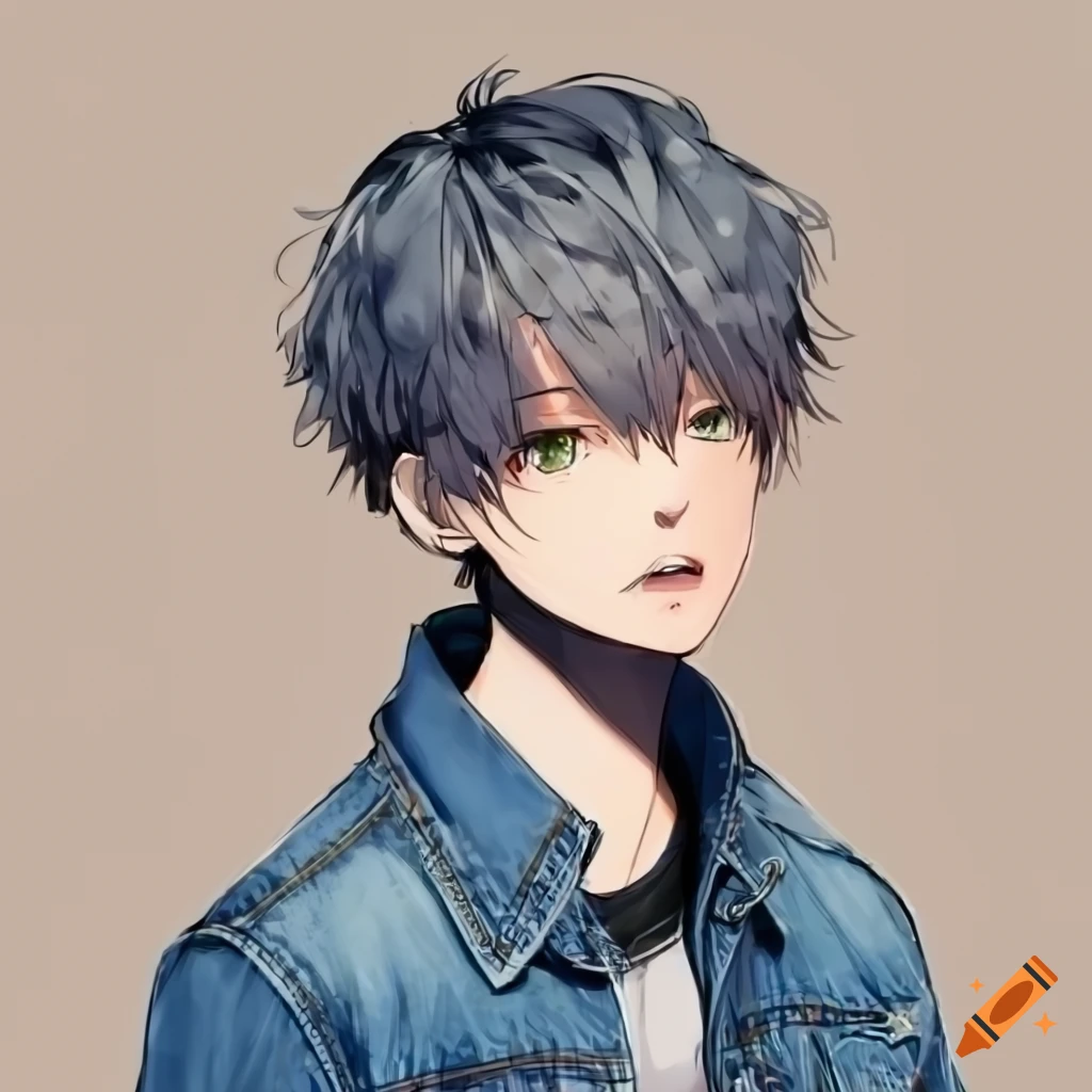 anime boy with messy hair and denim jacket