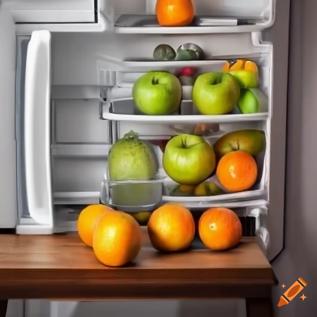 Fridge with green apples and oranges on Craiyon