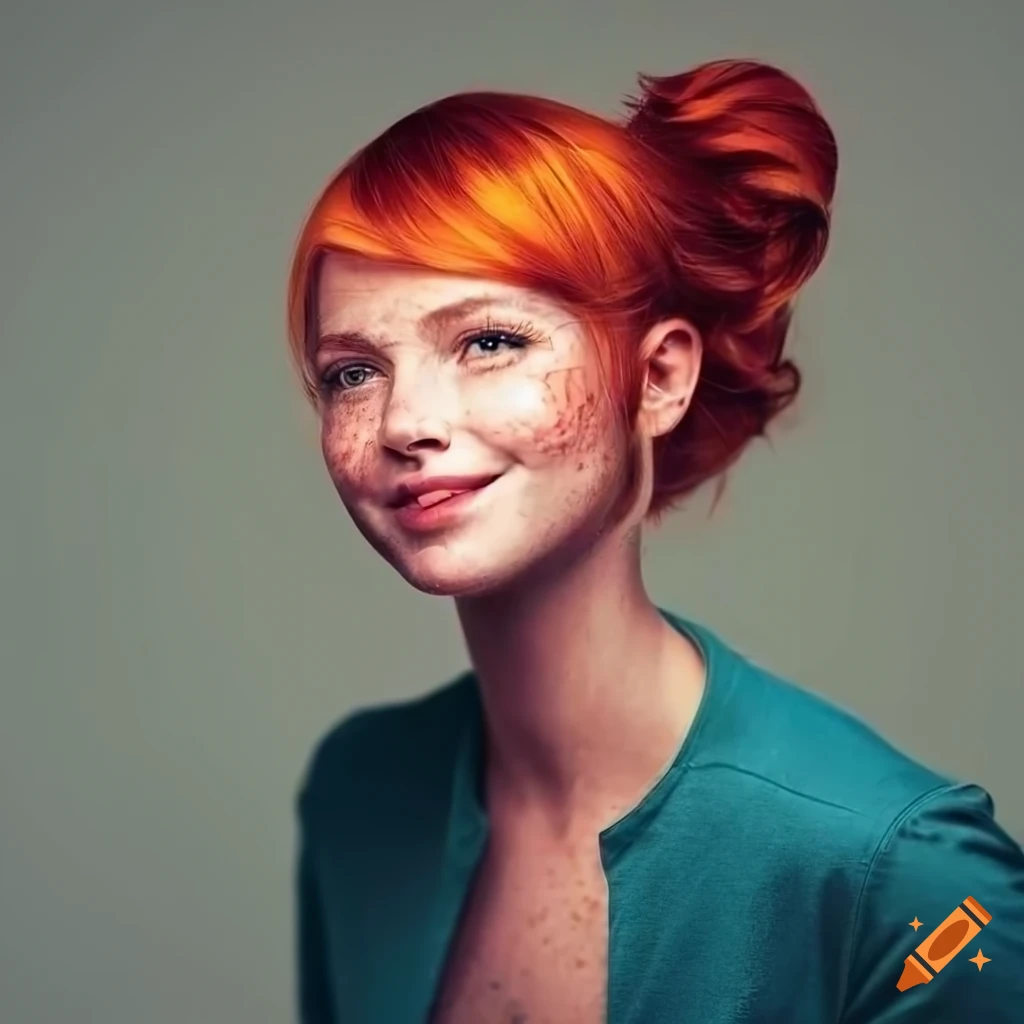 Portrait of a beautiful woman with red hair and freckles on Craiyon