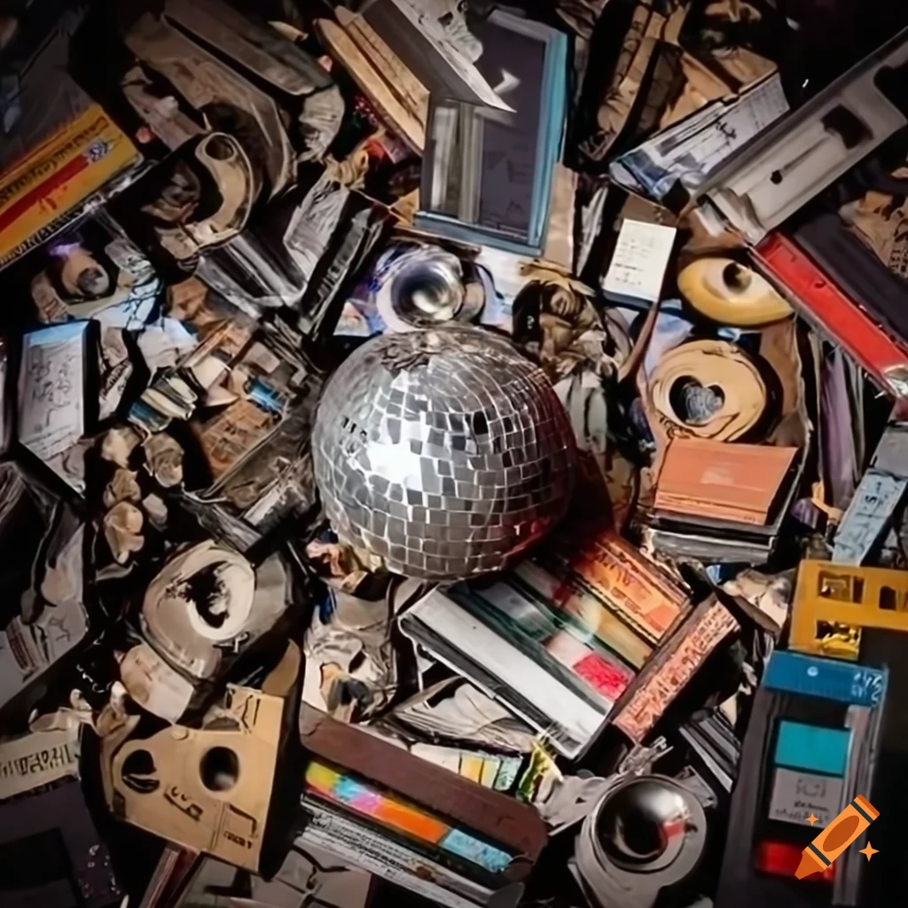 Dirty disco ball on top of a pile of music junk
