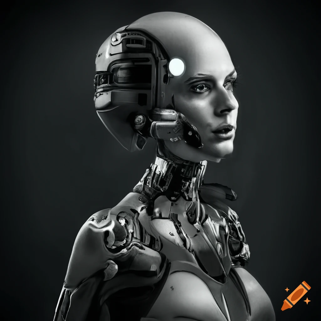 black and white portrait of a high-tech cyborg