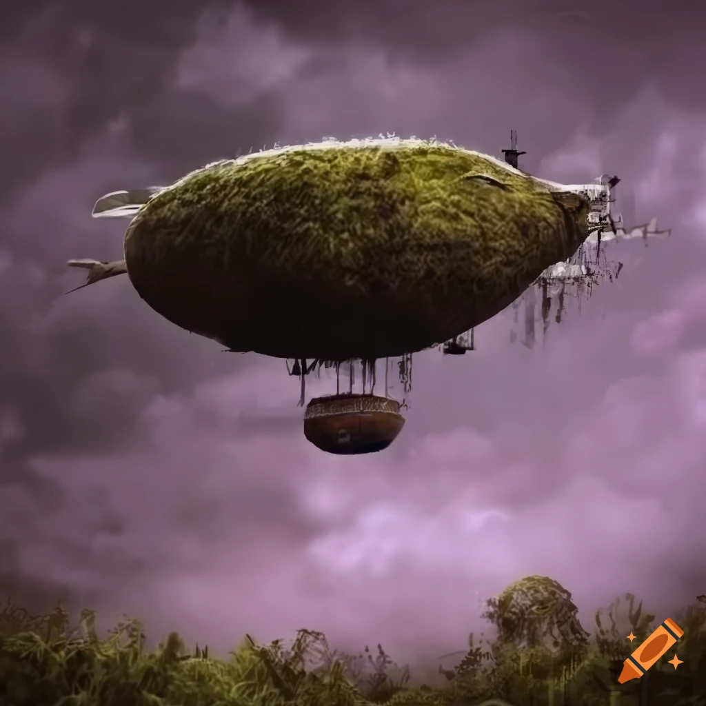 moss-covered airship floating in the sky