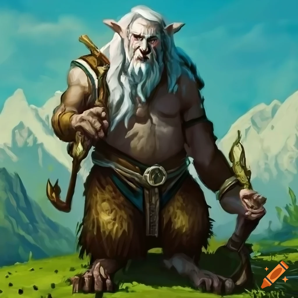 Artwork of a wise elderly male satyr with white beard and horns
