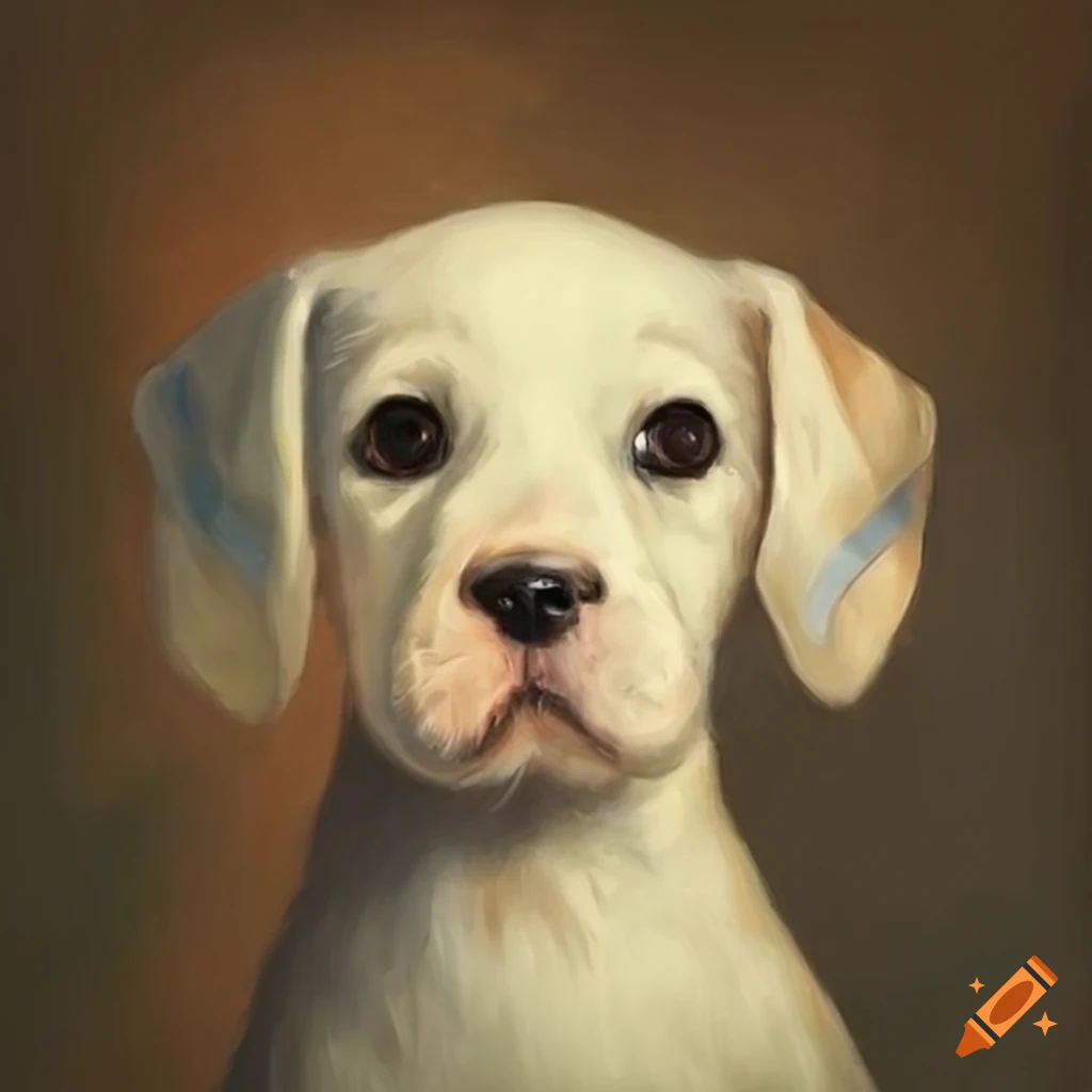 Vintage painting of a white puppy with a bow