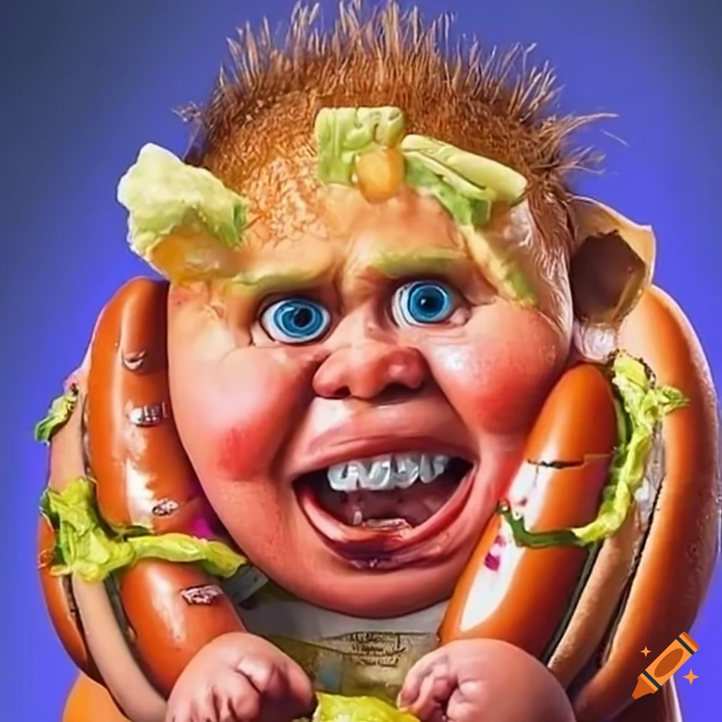 Satirical illustration of glizzy greg choking on hot dogs on Craiyon
