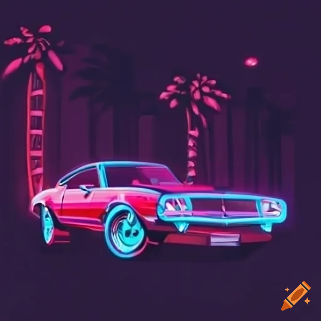 vintage-camaro-parked-on-miami-shoreline-at-night