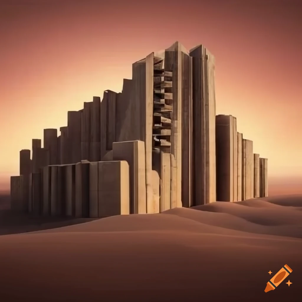 photorealistic image of a Brutalist skyscraper in the desert