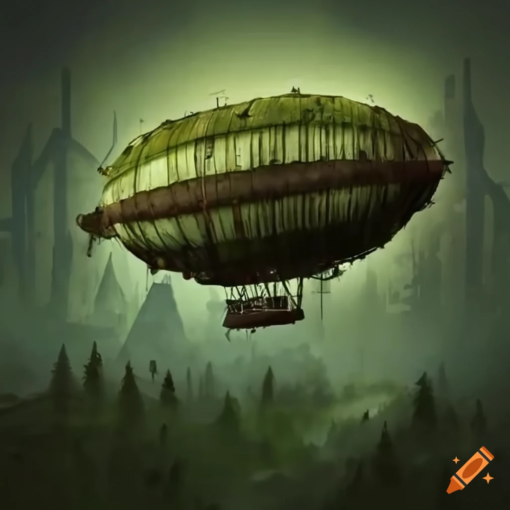 Moss-covered airship flying over a steampunk city in the jungle on Craiyon
