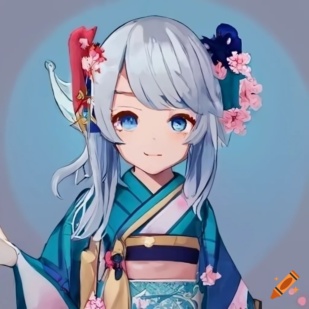 Cute anime girl with white hair and blue kimono on Craiyon