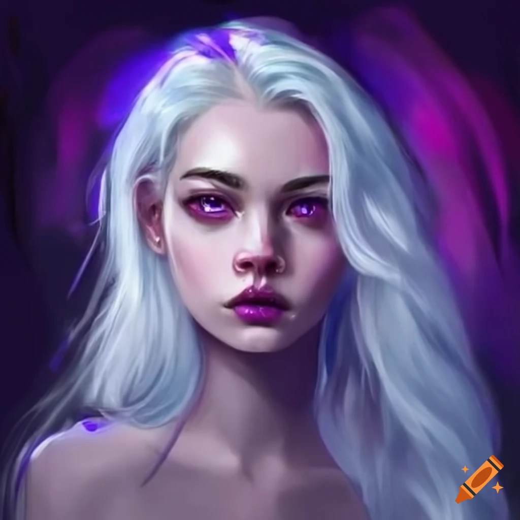 Portrait of a girl with white hair and glowing purple eyes on Craiyon