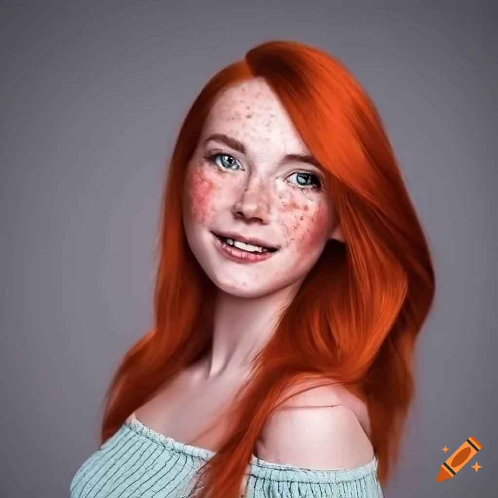 Portrait of a smiling young woman with red hair and freckles on Craiyon
