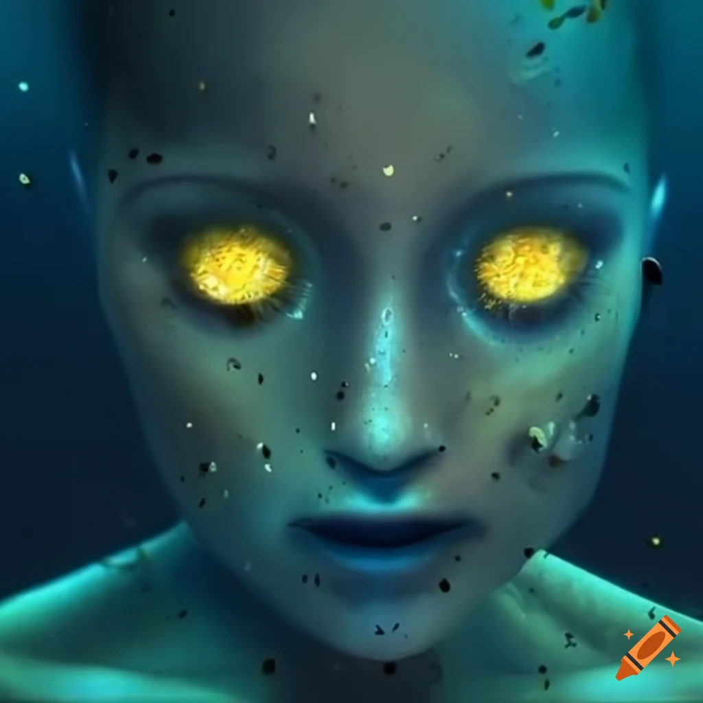 Yellow glowing eyes in underwater depths